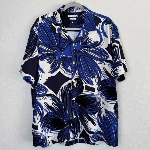 Zara Other - Zara Mens Slim Fit Floral Button Down Shirt Blue White XL Short Sleeve Tropical